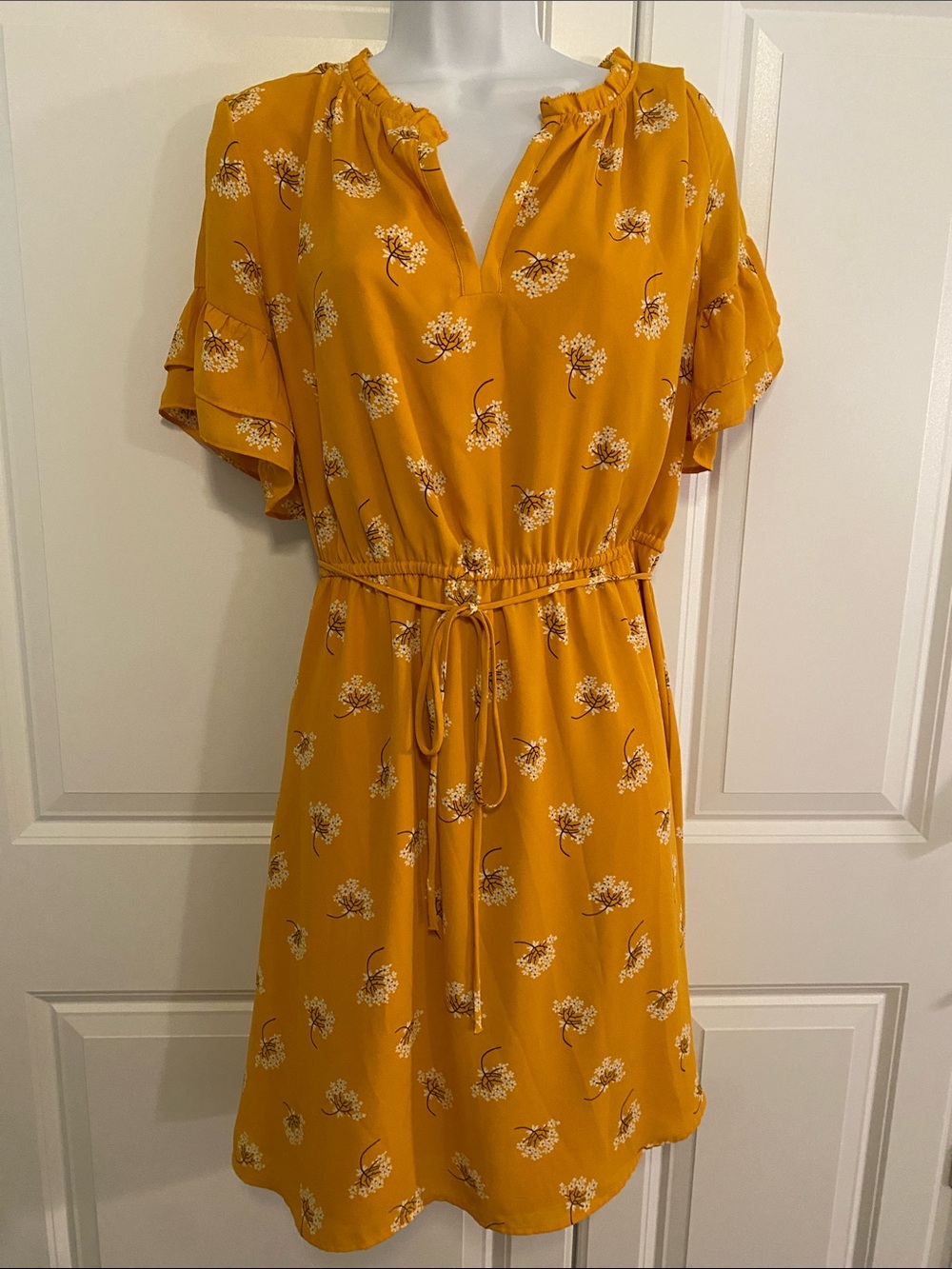 LOFT Mustard Floral Tie-Waist Mini Dress
